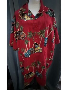 Profile Hawaiian Shirt 4XT Woody Wagon Cars Surfboards Palms Red Polyester